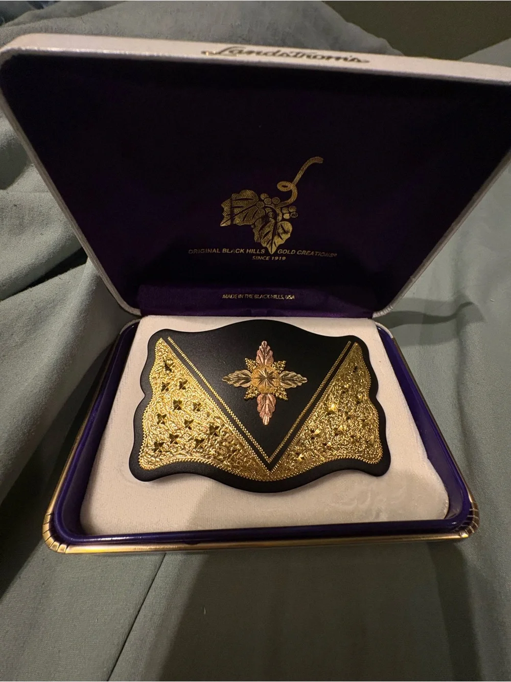 Landstrom’s original Black Hills Gold 10k overlay western dress belt buckle